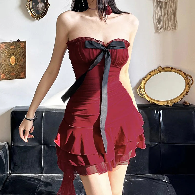 Red Tube Ruched Bow Mini Dress
