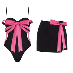 Black Bodycon Pink 3d Bow Bodysuit And Skirt Set