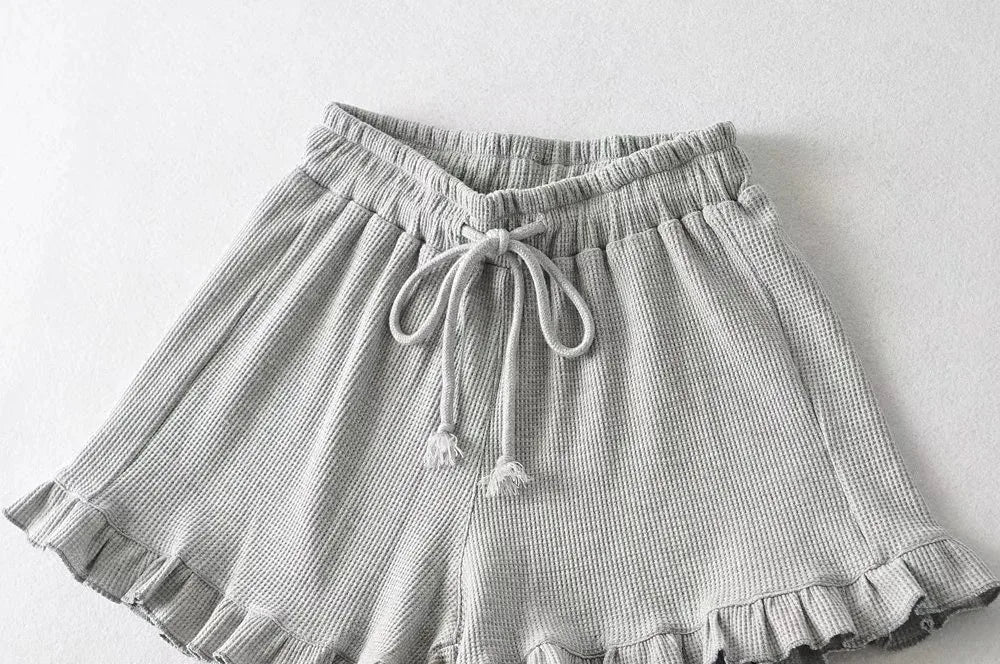 Ribbed Ruffle Trim Drawstring Waffle Shorts