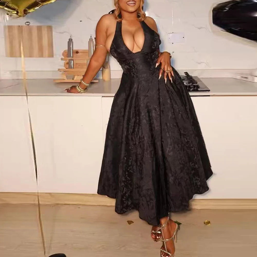 Satin Jacquard Deep Neck Print Flare Maxi Dress