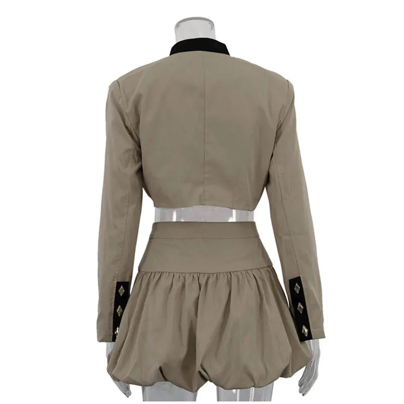Crop Jacket And Puff Buttoned Mink Skirt Contrast Set