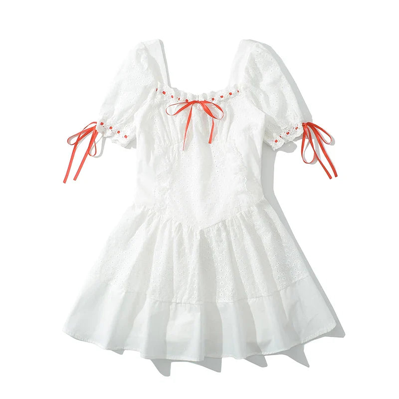 White Puff Sleeve Red Ribbon Lace Up Mini Dress