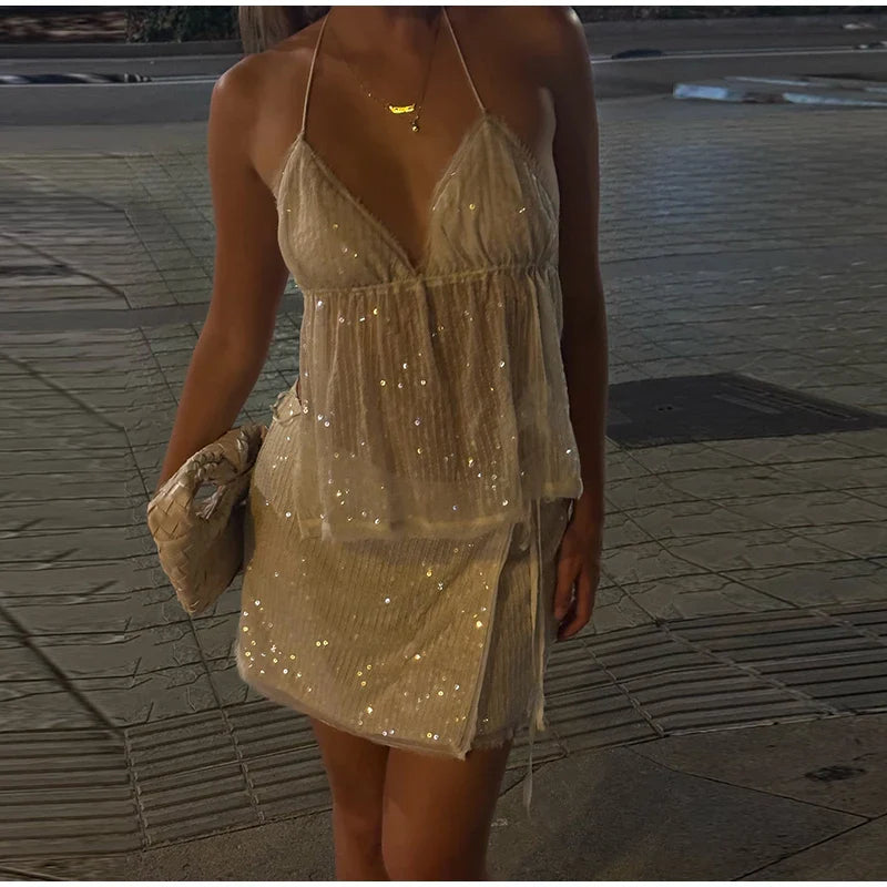 Sheer Strap Sequin Top Lace Up Mini Skirt Set