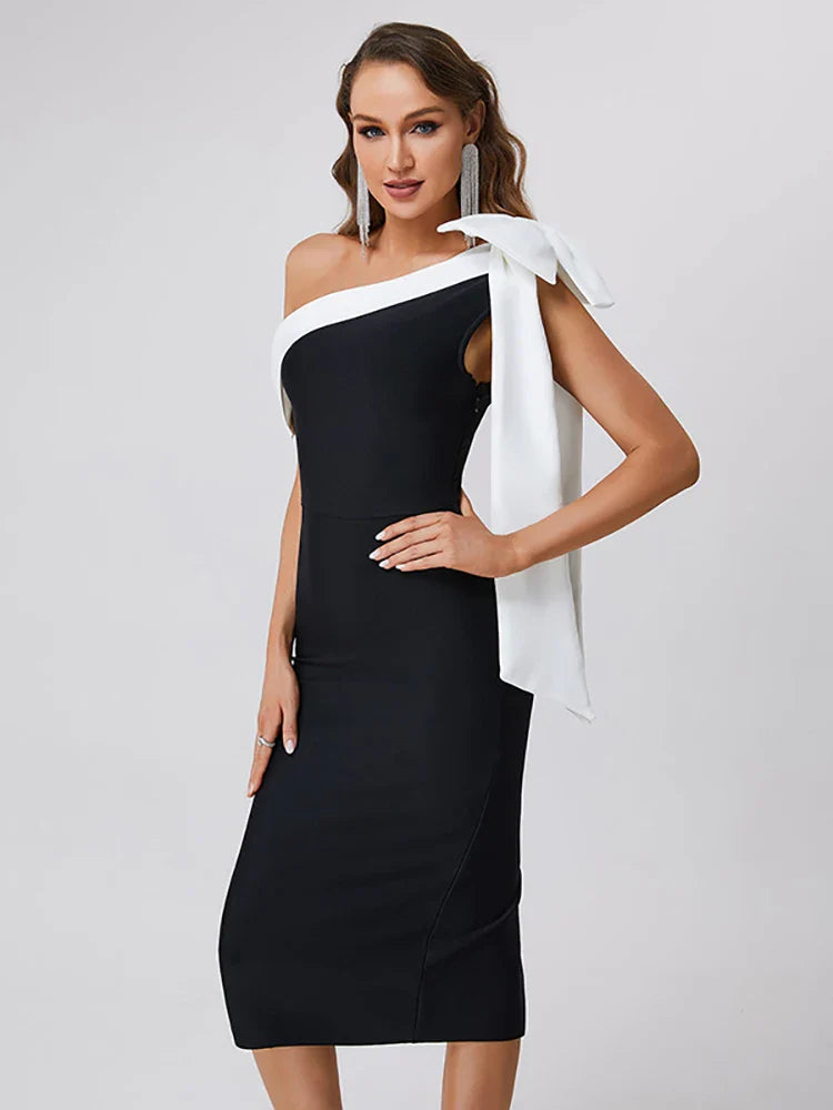 Black One Shoulder Contrast Tie Up  Midi Dress