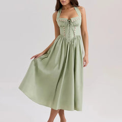 Green Embroidered Halter Midi Dress - A-Line Fit