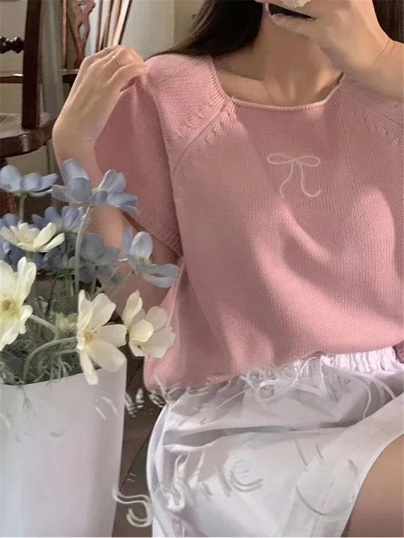 Round Neck Bow Print Short Sleeved Knitted Top