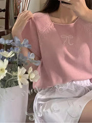 Round Neck Bow Print Short Sleeved Knitted Top
