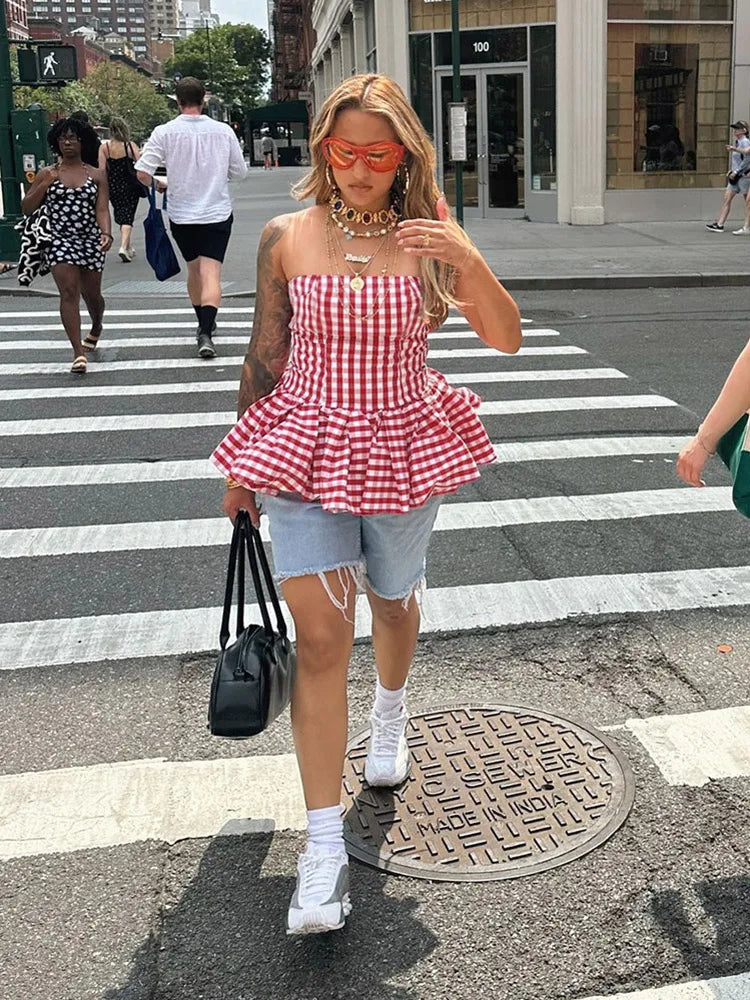 Red And White Checkered Print Strapless Top