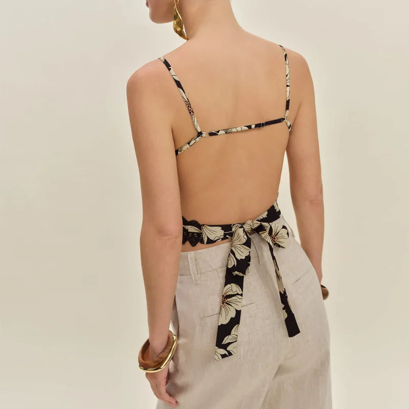 Floral Backless Adjustable Straps Bow Tied Split Square Top