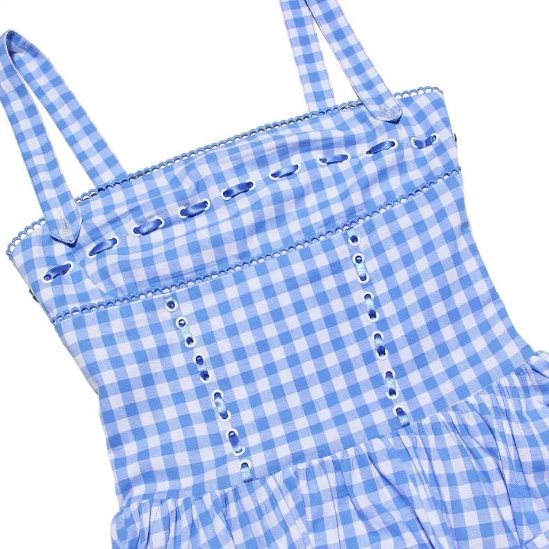 Blue Plaid Ribbon Lace Up Strap Midi Dress
