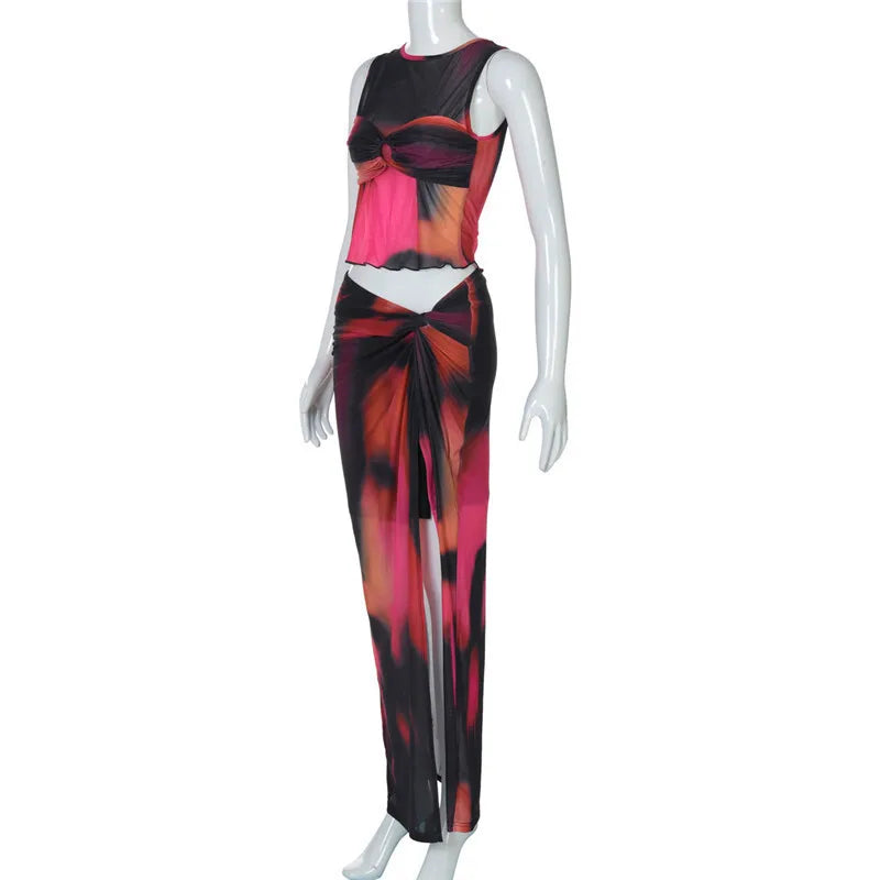 Printed Mesh Tank Top And Slit Midi Skirt Set