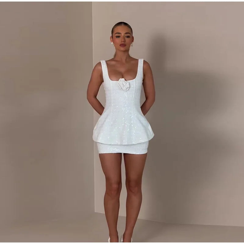 White Tweed Sequin 3D Flower Top And Mini Skirt Set