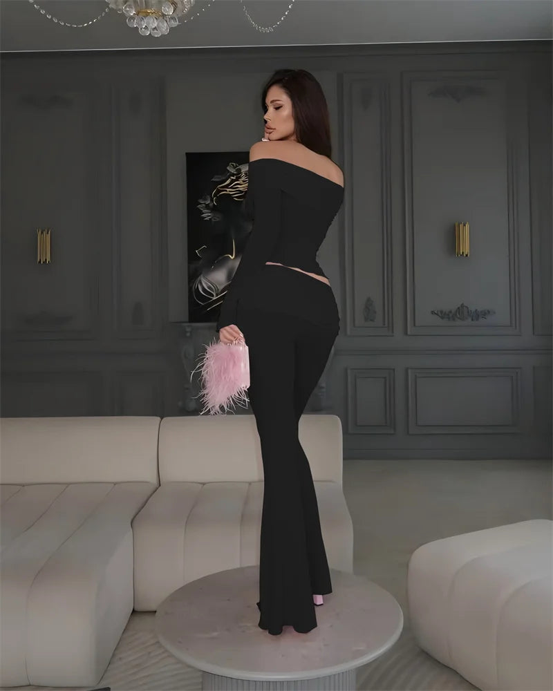 Long Sleeve Off-Shoulder Top And Ruched Pants Set