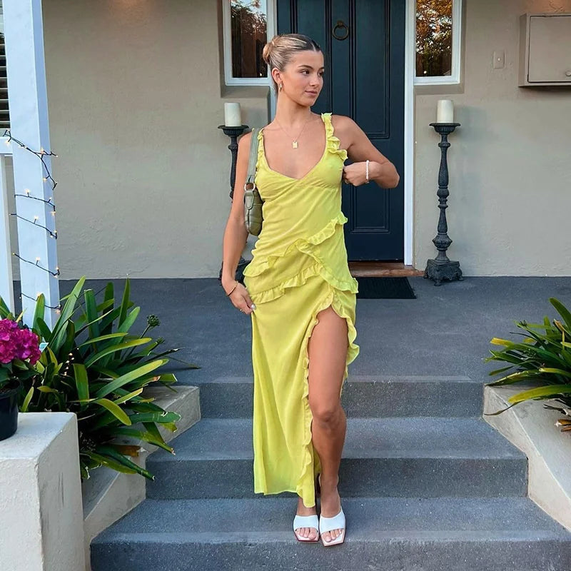 Twisty Twirl High Slit Ruffle Dress
