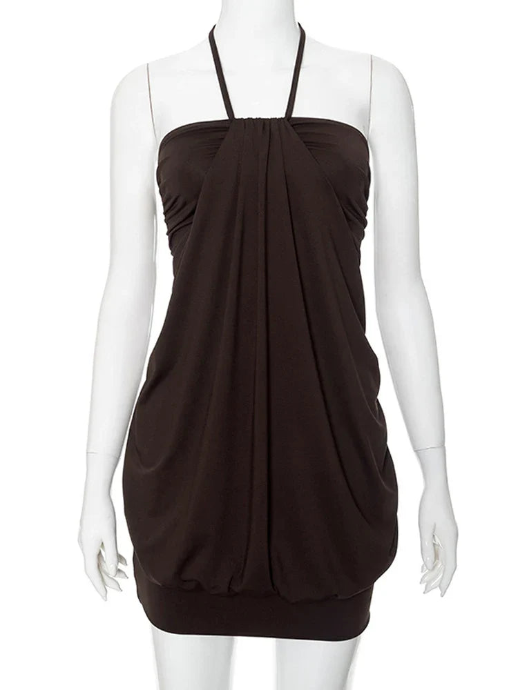 Brown Halter Strap Puff Mini Dress