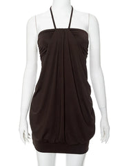 Brown Halter Strap Puff Mini Dress