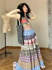 Plaid Patchwork Ruffles Maxi Skirt - Bohemian A-Line