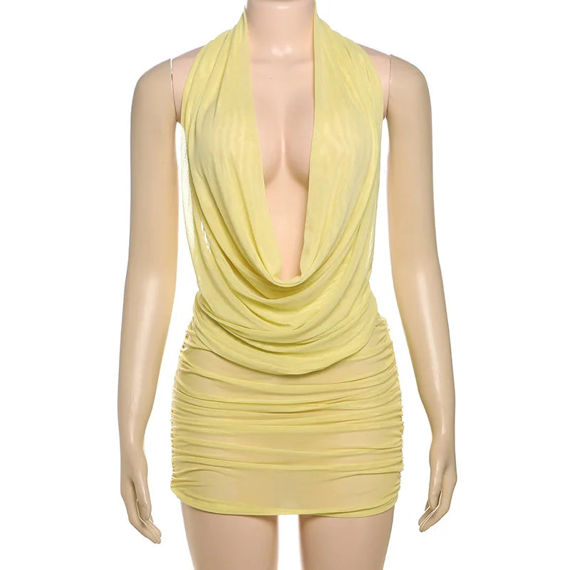 Mesh Cowl Deep Neck Halter Top and Mini Skirt Set