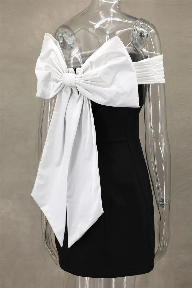 Black Off-shoulder Large Back Bow Mini Dress