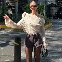 Floral Applique Mesh One Shoulder Long Sleeve Top