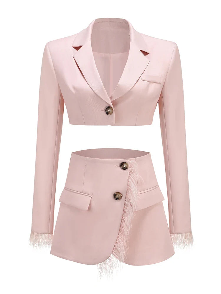 Pink Cropped Feather Blazer And Mini Skirt Two Piece Set