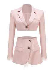 Pink Cropped Feather Blazer And Mini Skirt Two Piece Set