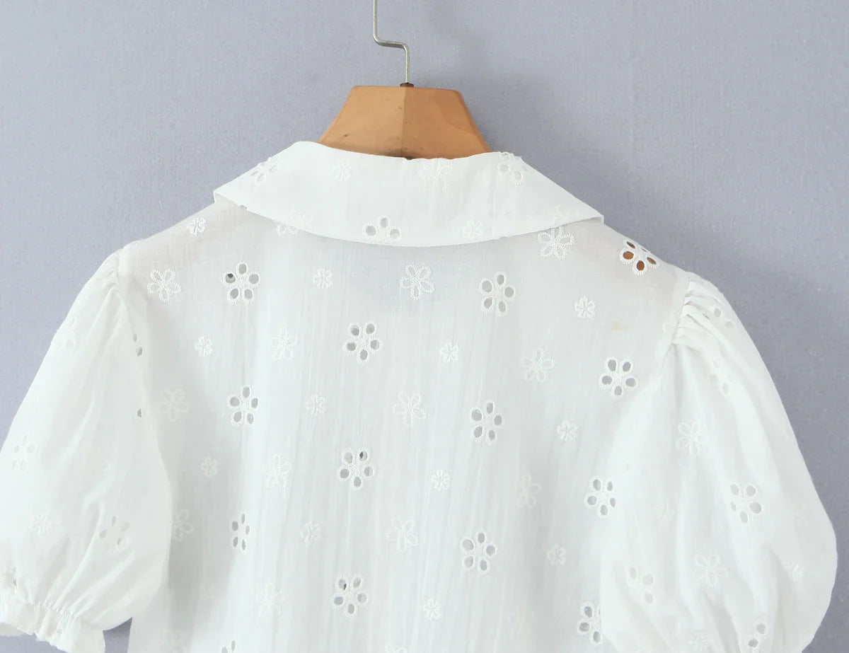 White Embroidery Lace Peter Pan Collar Short Sleeve Top