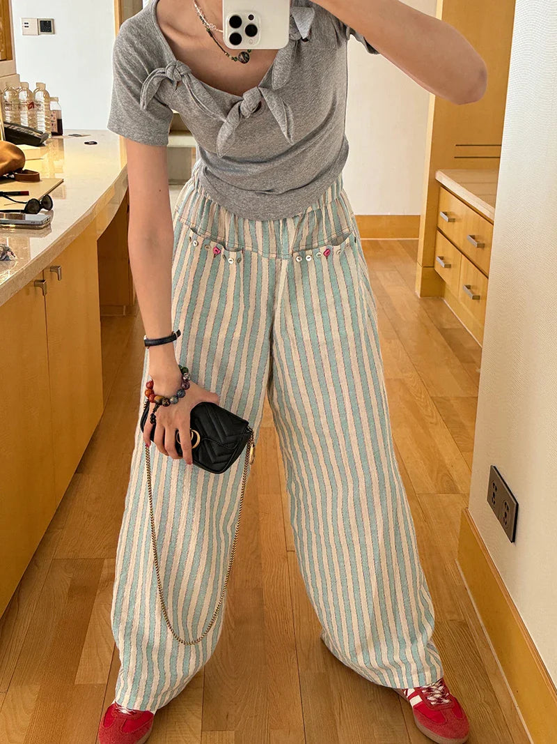Blue Striped Wide Leg Pants