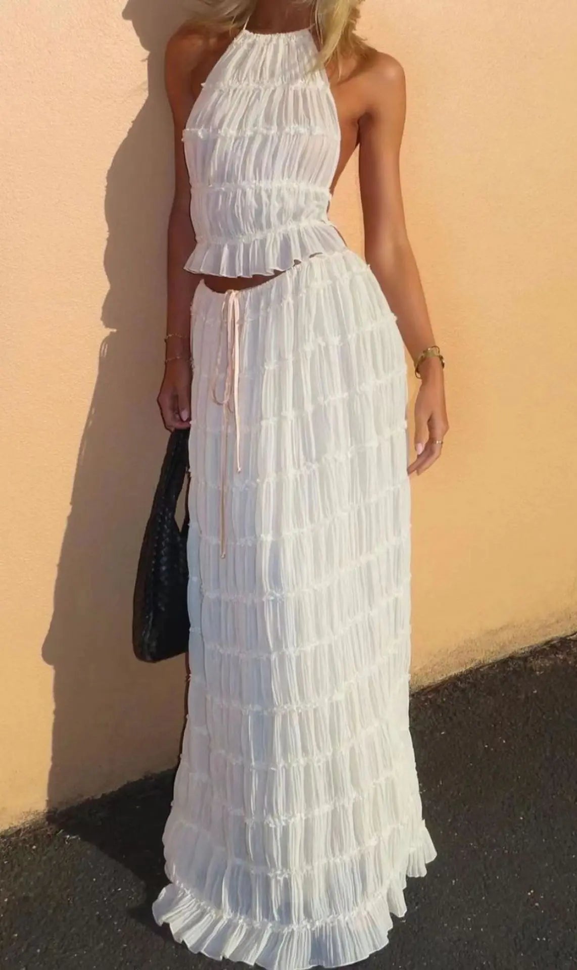 Halterneck Ruched Open Back Tie Up Top And Maxi Skirt Set