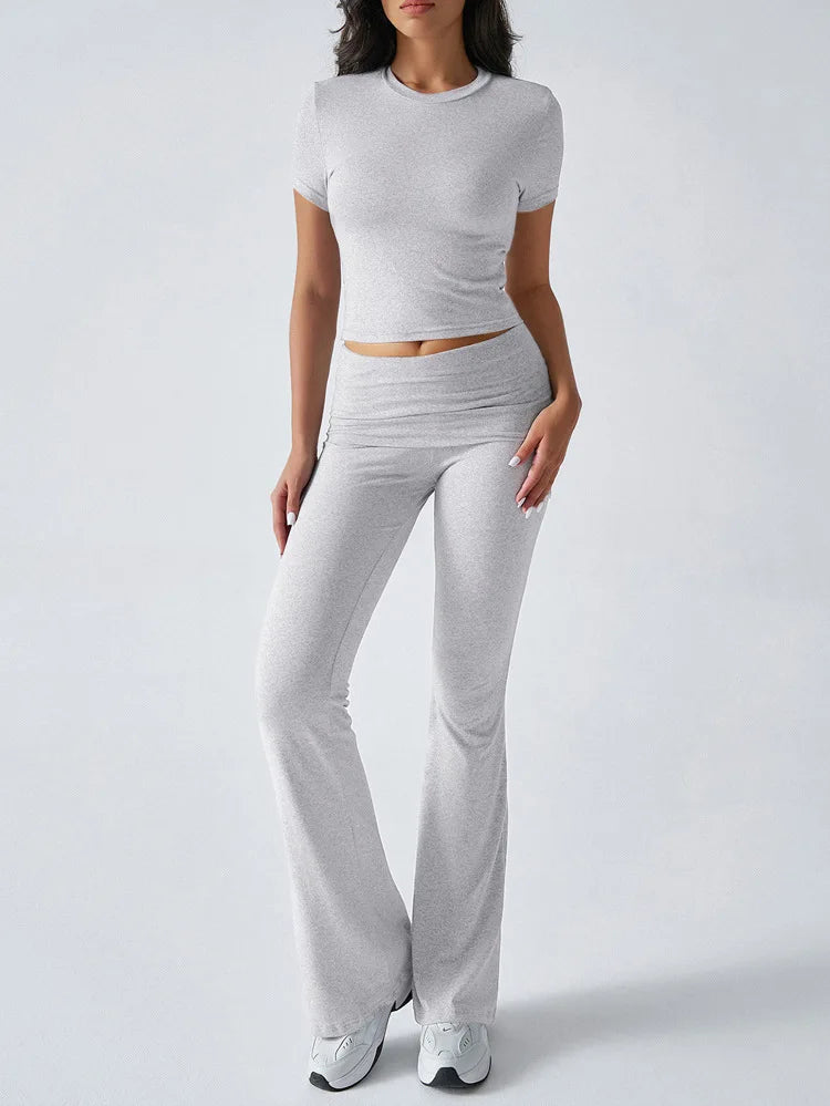 Slim Fit Two Piece Short Sleeve Top & Pant Set - Athleisure Workout Style