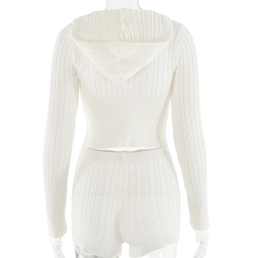 Long Sleeve Knitted V-Neck Hooded Sweater And Shorts Set