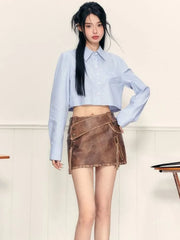 PU Leather High Waist A-Line Zipper Design Belted Mini Skirt