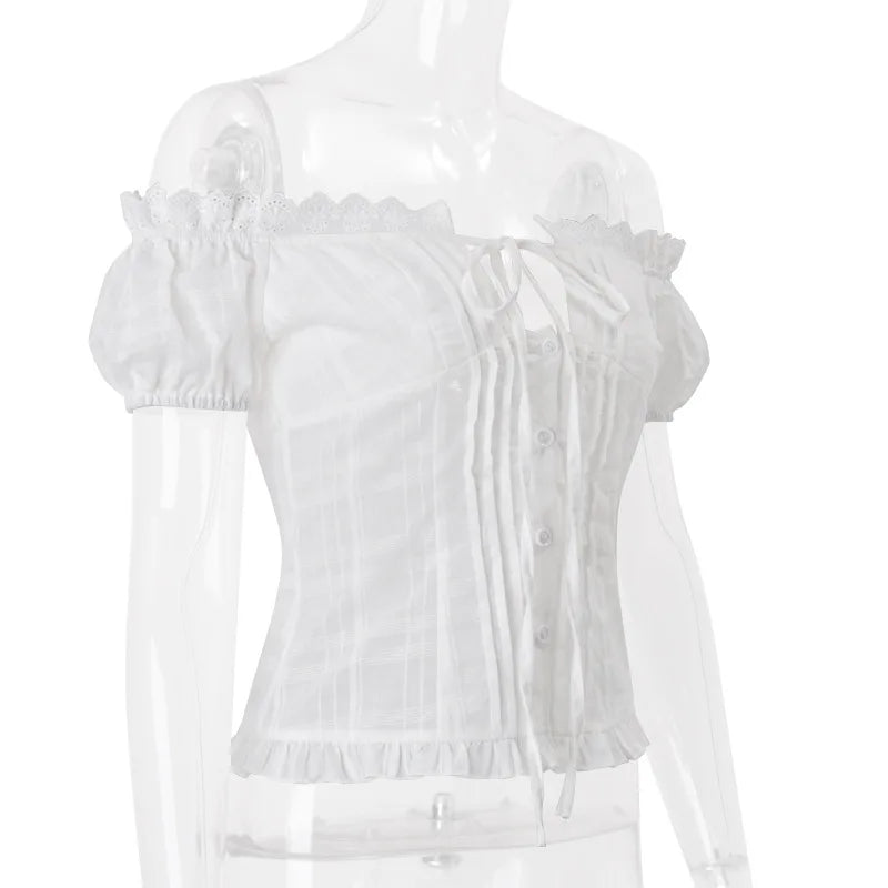 White Lace Up Tie Up Ruffle Top