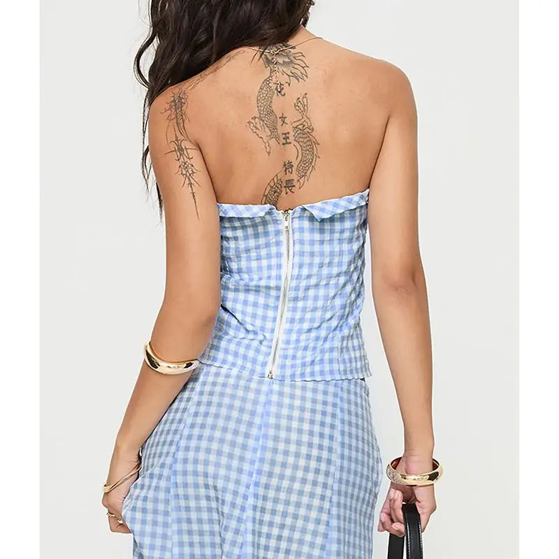 Blue Plaid Tube Top And Long Skirt Set