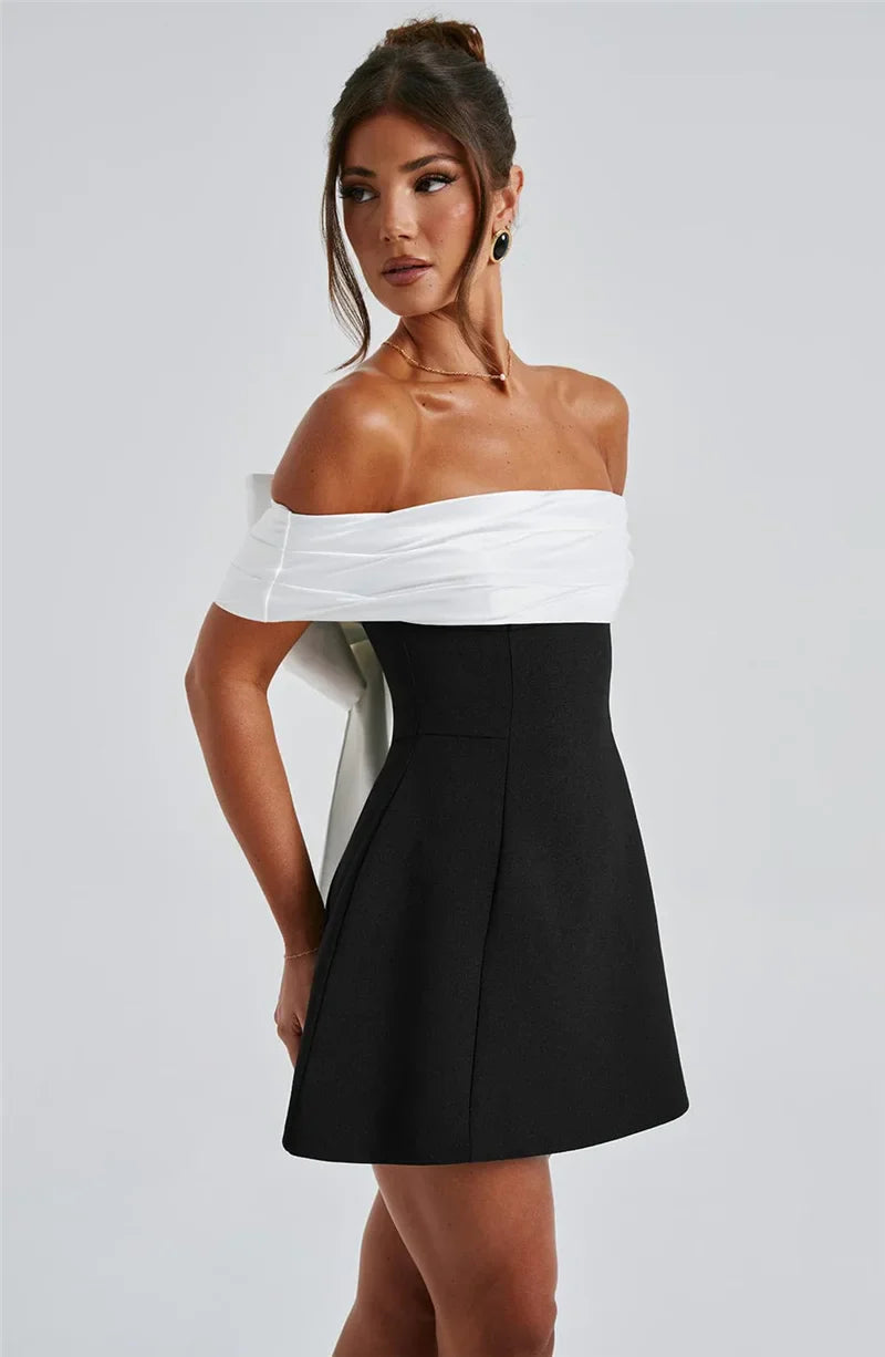 Black Off-shoulder Large Back Bow Mini Dress