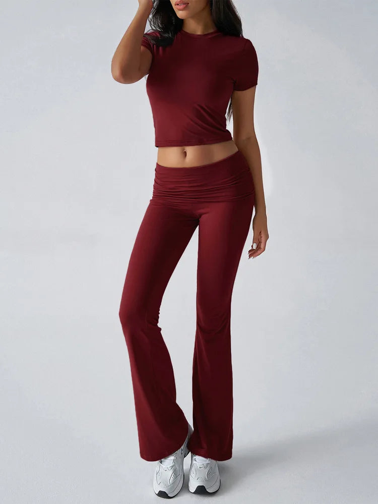 Slim Fit Two Piece Short Sleeve Top & Pant Set - Athleisure Workout Style