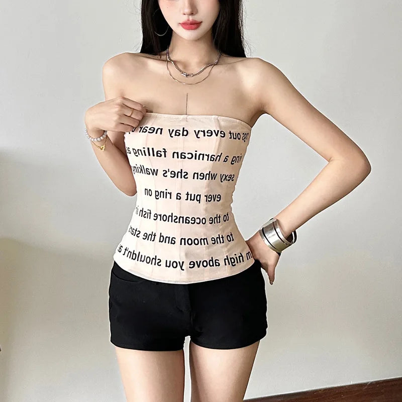 Letter Printed Mesh Tube Top - Backless Streetwear Tank