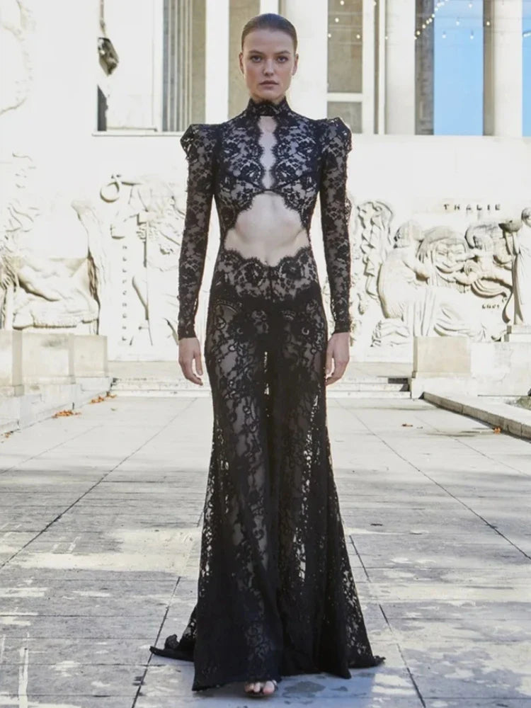 Black Lace Cut Out Long Sleeve Slit Maxi Dress