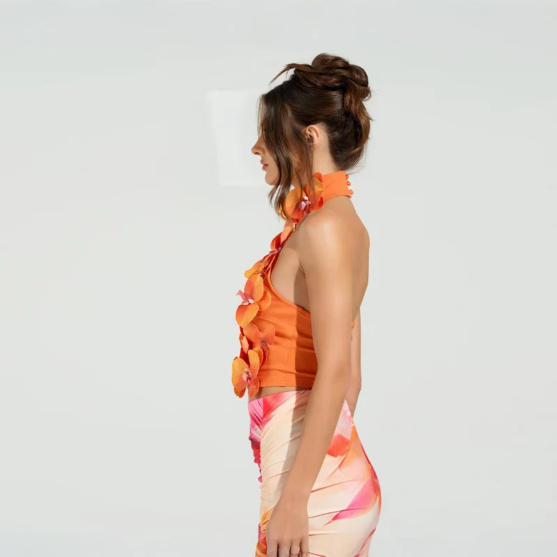 Orange 3D Floral Orchid Top - High Street Regular Fit