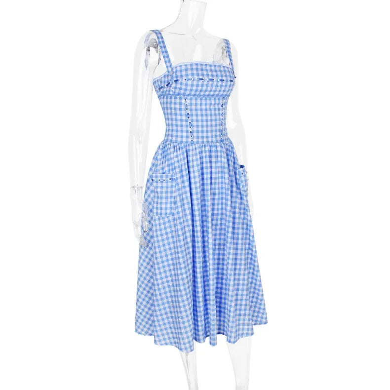 Blue Plaid Ribbon Lace Up Strap Midi Dress