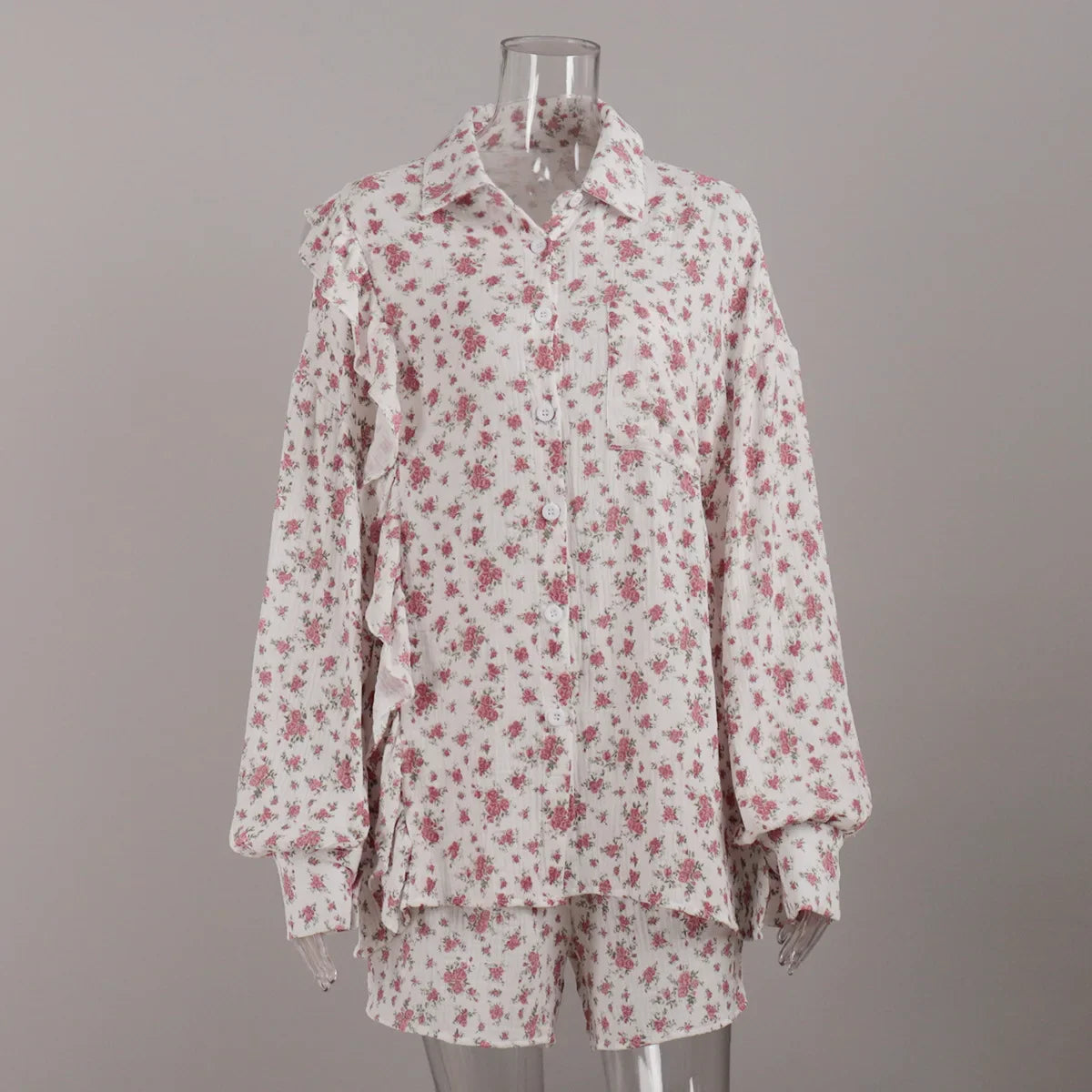 White Linen Printed Shirt And Shorts Set