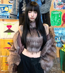 Faux Fur High Collar Sleeveless Camisole Tank Top