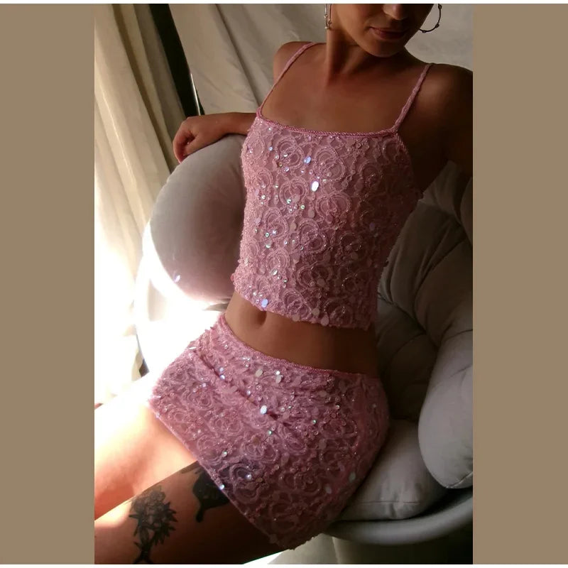 Sequins See Through Tank Top And Skirt Set