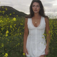 White V-neck Doily Embroidery Mini Dress