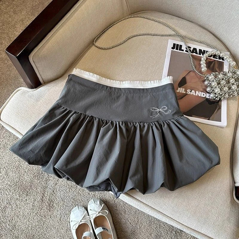 Bow Patchwork Pleated Mini Skirt