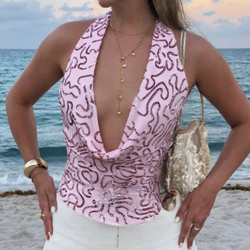Pink Sequin Low Cut Cowl Neck Top