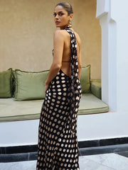 Black Polka Dot Halter Drape Midi Dress