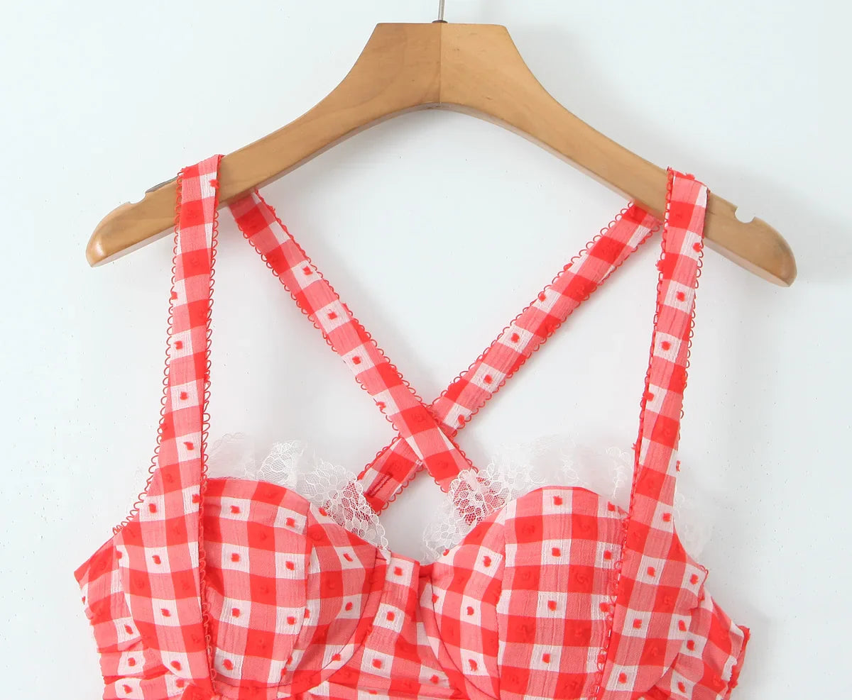 Red Plaid Plaid Dot Lace Mini Dress