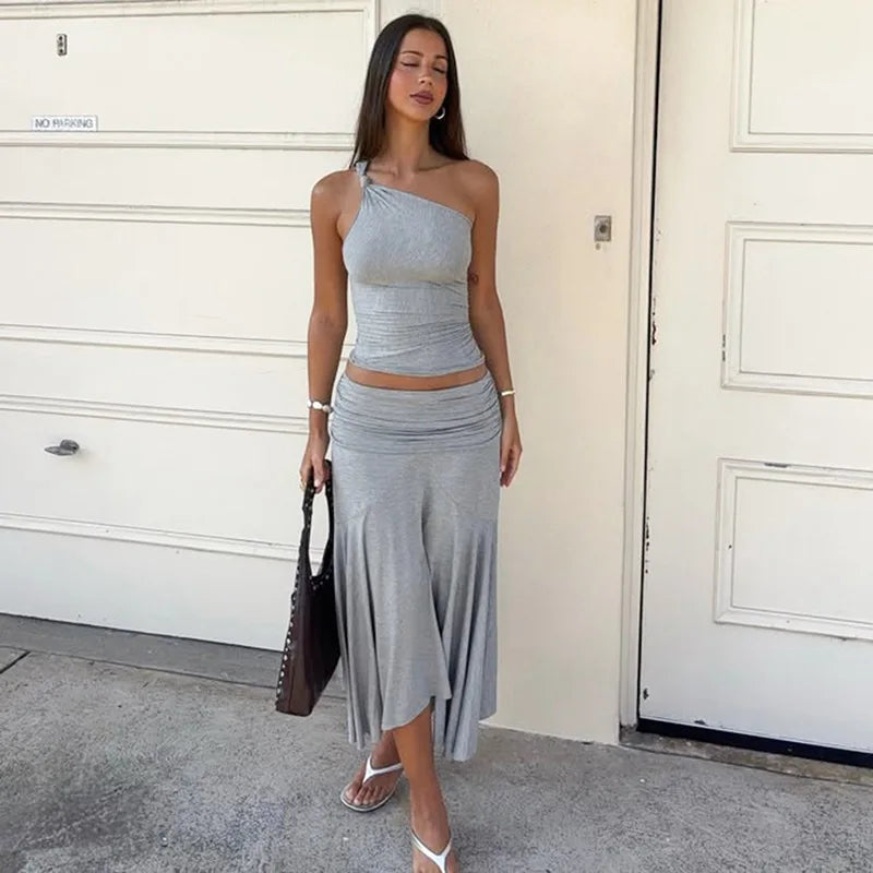 Knot One Shoulder Top And Ruched Midi Skirt Set