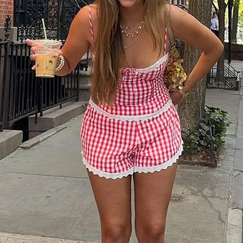 Plaid Lace Trim Bustier Crop Top And Shorts Set